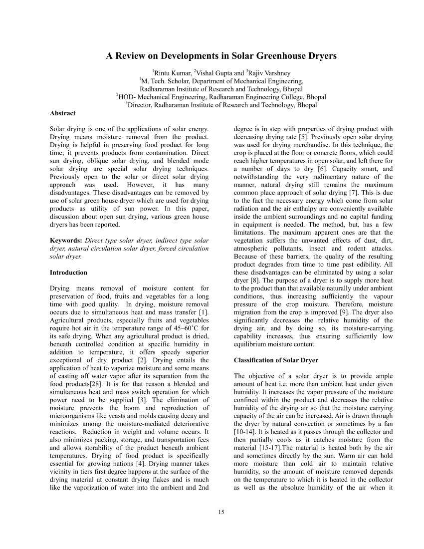 Pdf Consruction Of A Direct Solar Dryer For Perishable Farm Products