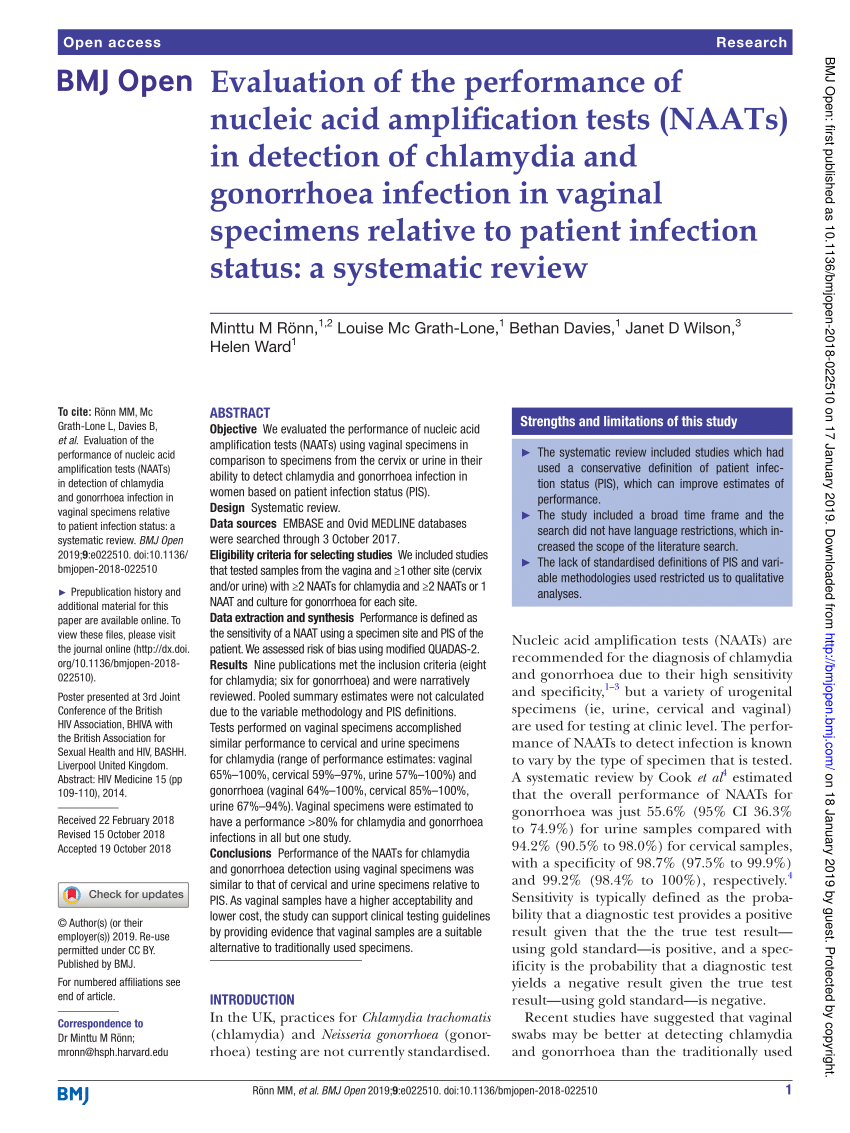 Pdf Evaluation Of The Performance Of Nucleic Acid Amplification Tests Naats In Detection Of 4284