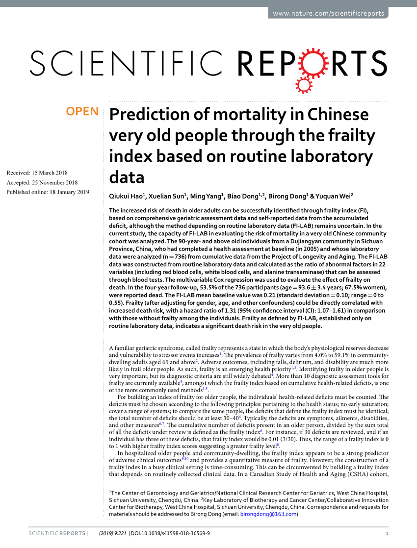 Pdf Prediction Of Mortality In Chinese Very Old People Through The Frailty Index Based On Routine Laboratory Data
