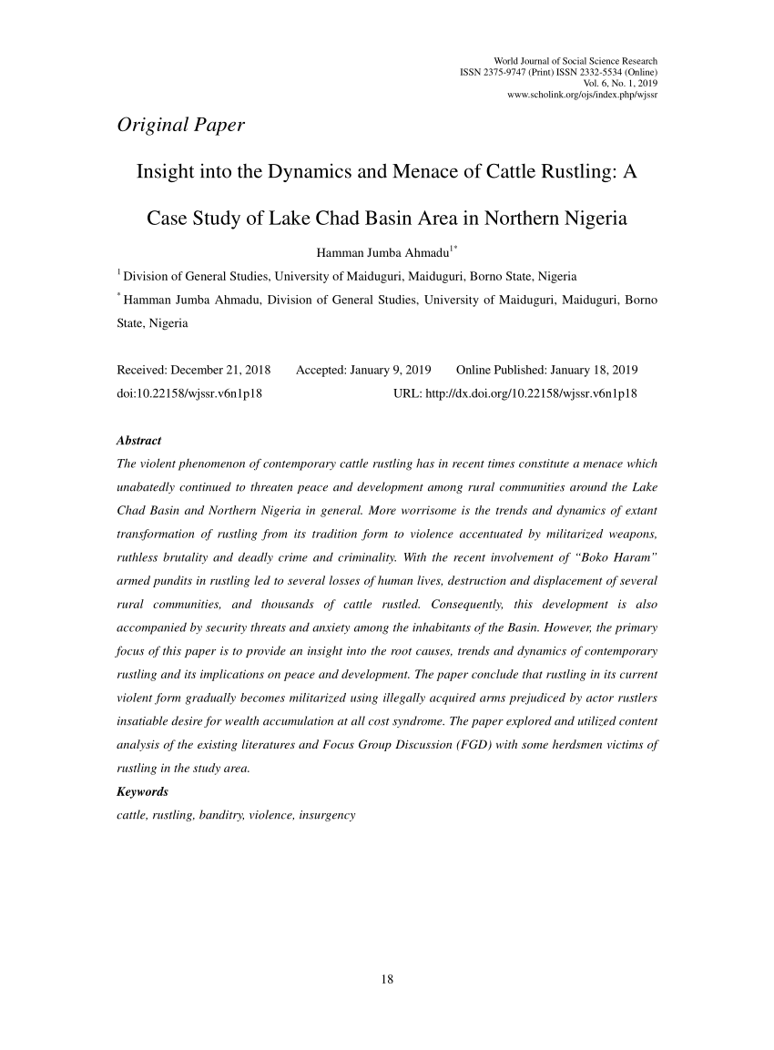 Pdf Insight Into The Dynamics And Menace Of Cattle Rustling A Case Study Of Lake Chad Basin Area In Northern Nigeria