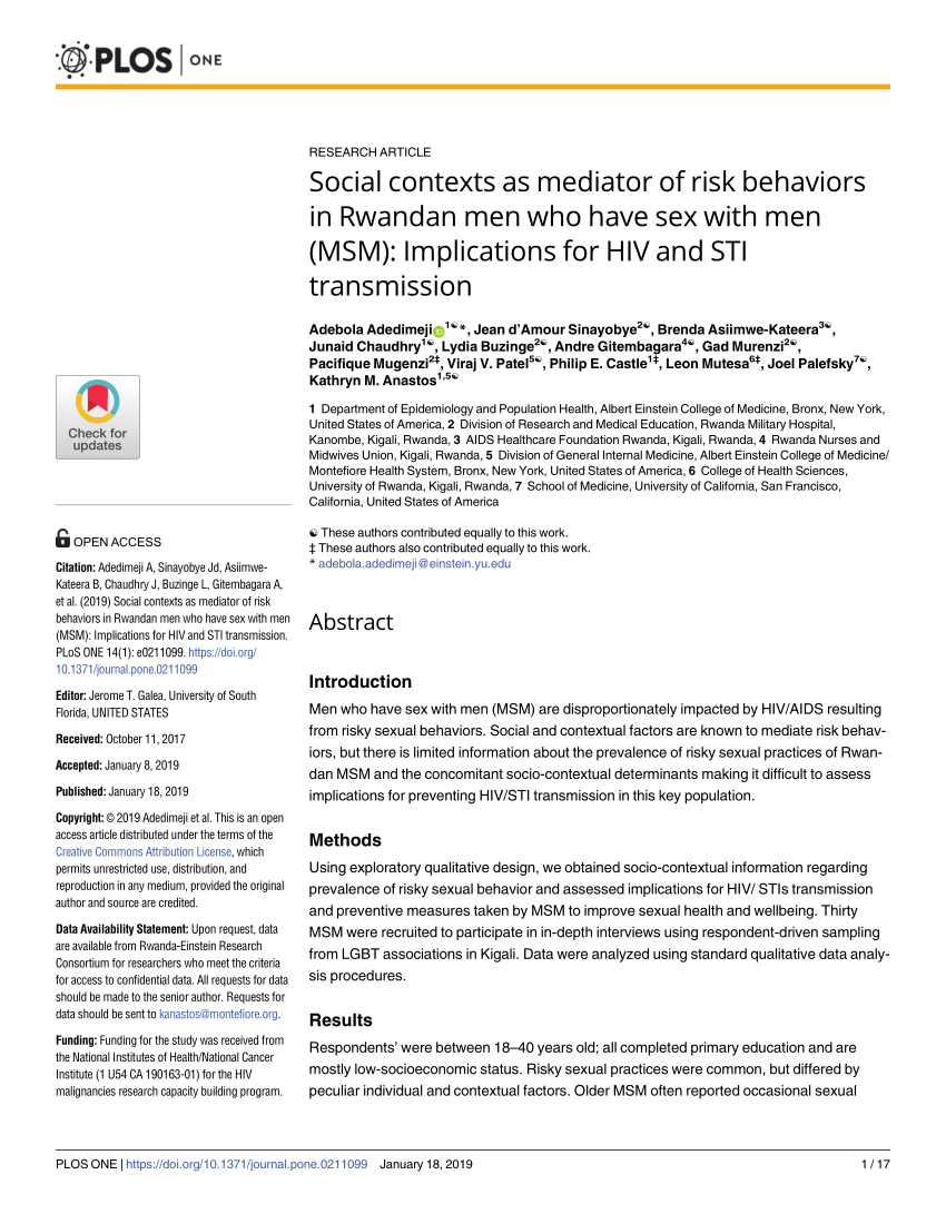 Pdf Social Contexts As Mediator Of Risk Behaviors In Rwandan Men Who Have Sex With Men Msm Implications For Hiv And Sti Transmission