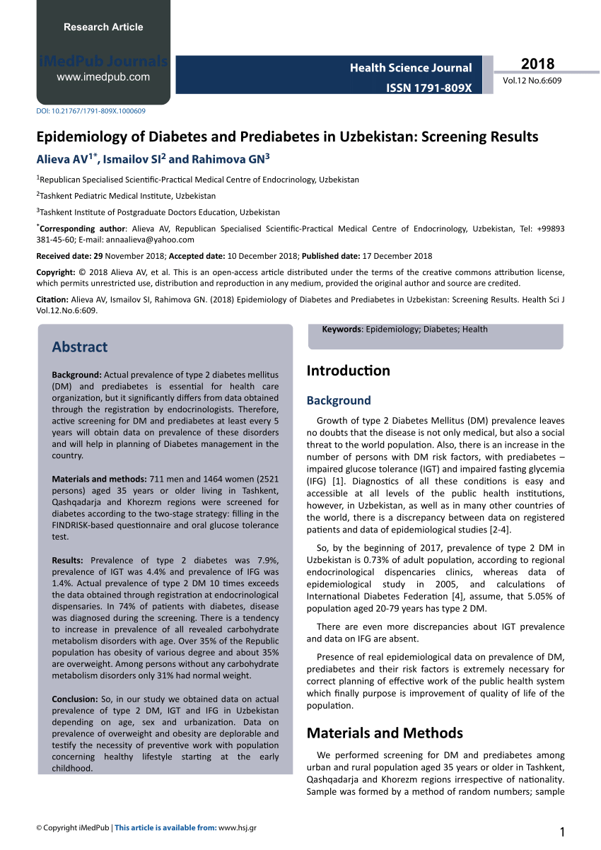 PDF) Epidemiology of Diabetes and Prediabetes in Uzbekistan: Screening  Results