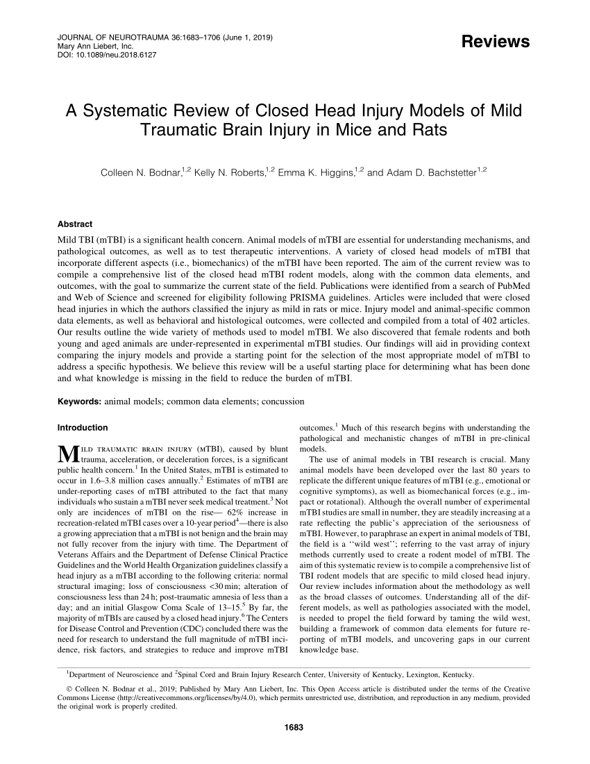 PDF) A Systematic Review of Closed Head Injury Models of Mild 