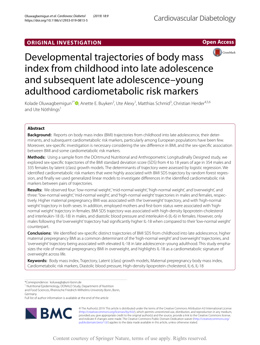 (PDF) Developmental trajectories of body mass index from childhood into late adolescence and subsequent late adolescence–young adulthood cardiometabolic risk markers