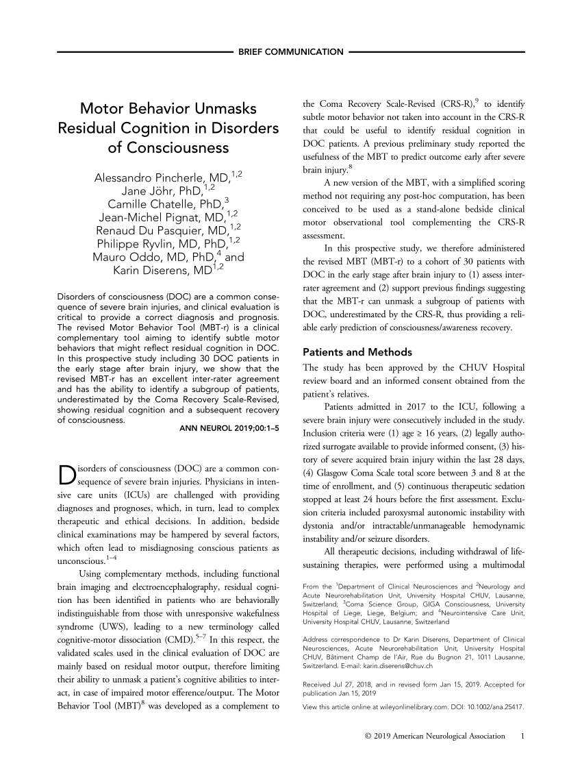 Pdf Motor Behavior Unmasks Residual Cognition In Disorders Of Consciousness Motor Behavior In Disorders Of Consciousness