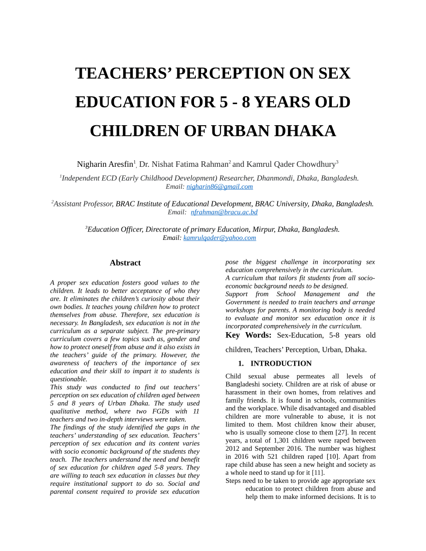 PDF) TEACHERS' PERCEPTION ON SEX EDUCATION FOR 5 - 8 YEARS OLD CHILDREN OF  URBAN DHAKA