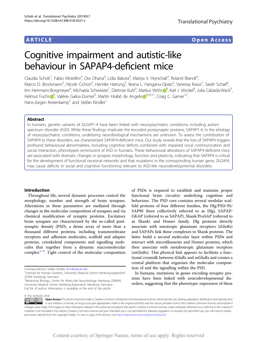 Pdf Cognitive Impairment And Autistic Like Behaviour In Sapap4 Deficient Mice