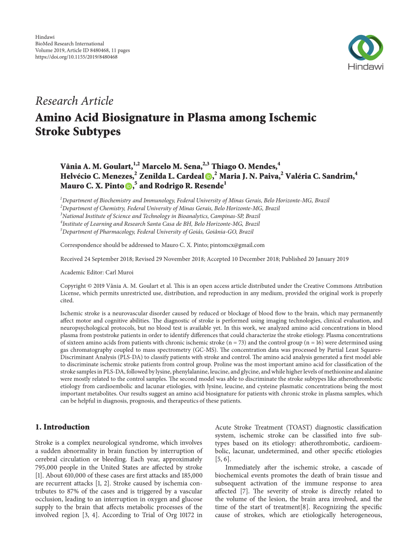Pdf Amino Acid Biosignature In Plasma Among Ischemic Stroke Subtypes