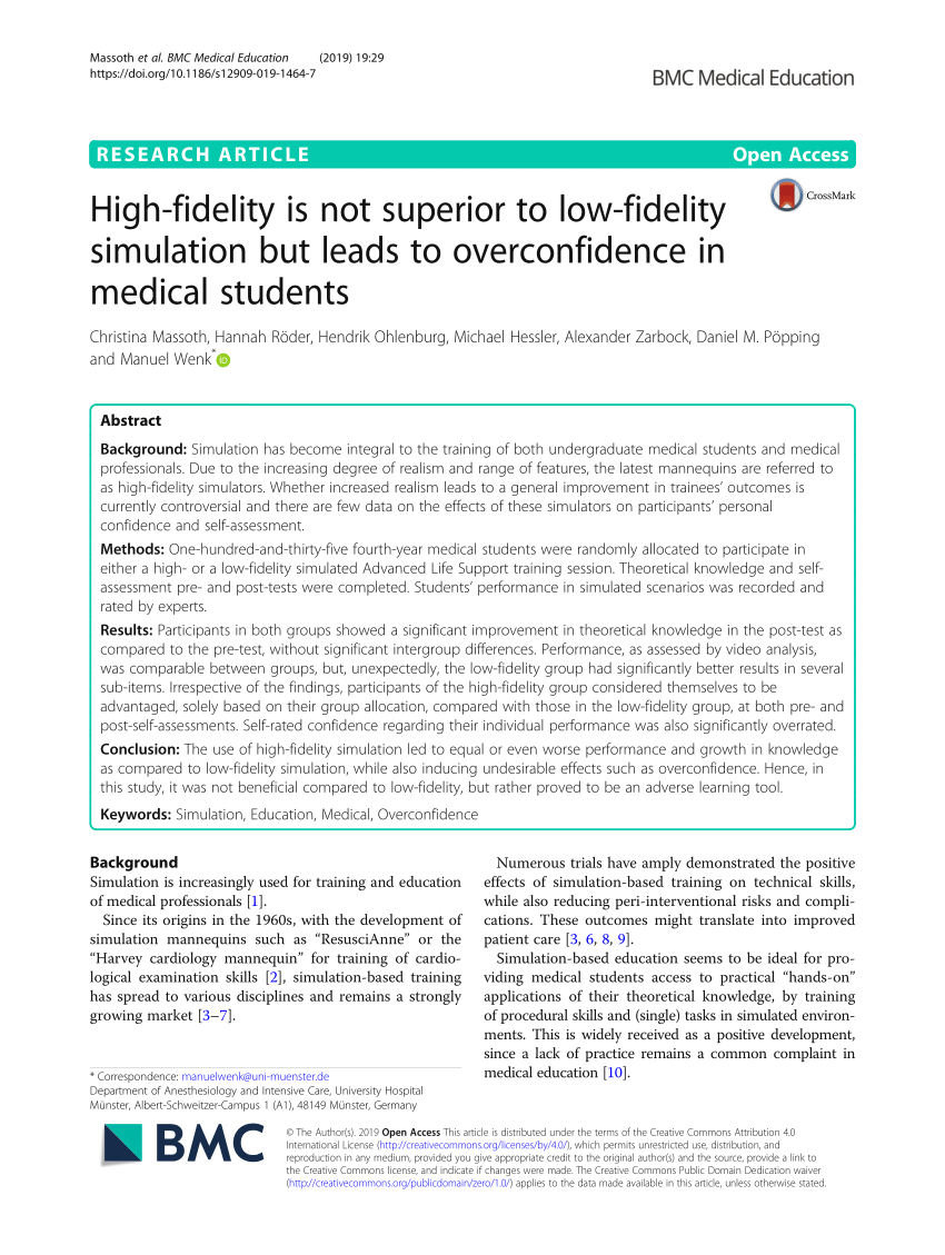 PDF) High-fidelity is not superior to low-fidelity simulation but leads to  overconfidence in medical students