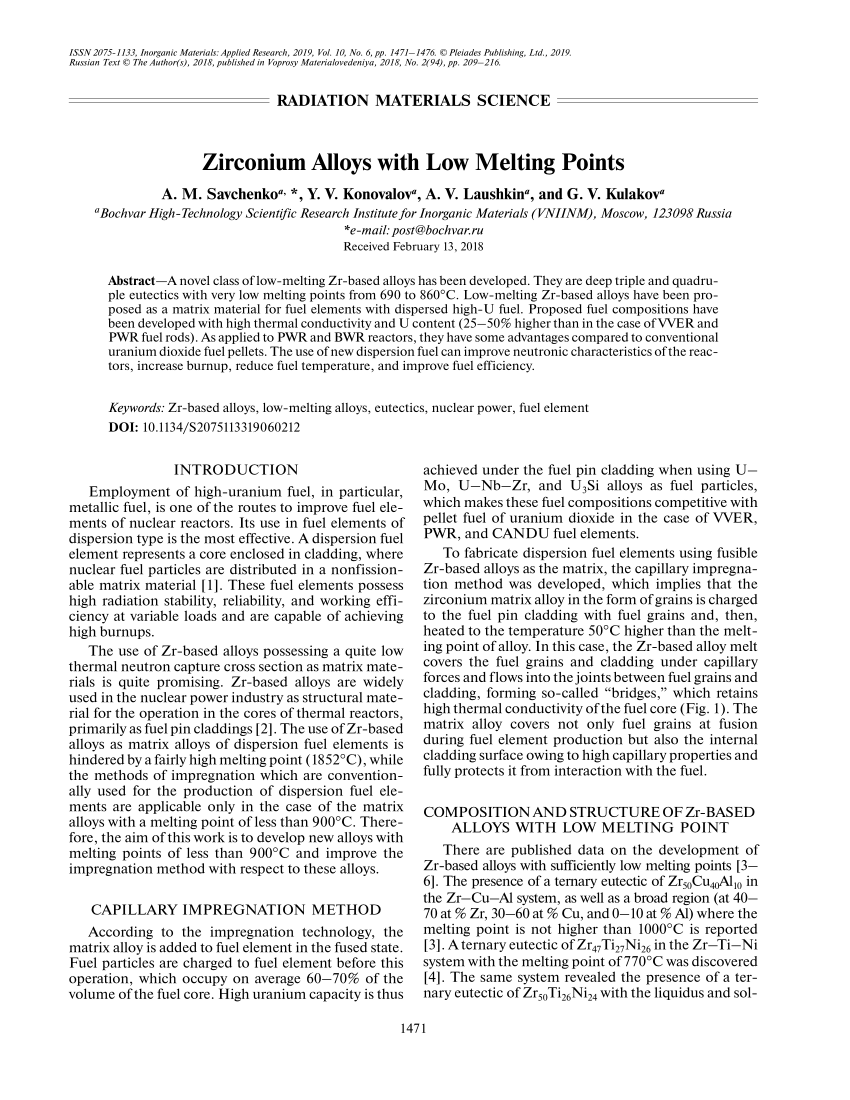 Pdf Zirconium Alloys With Low Melting Points