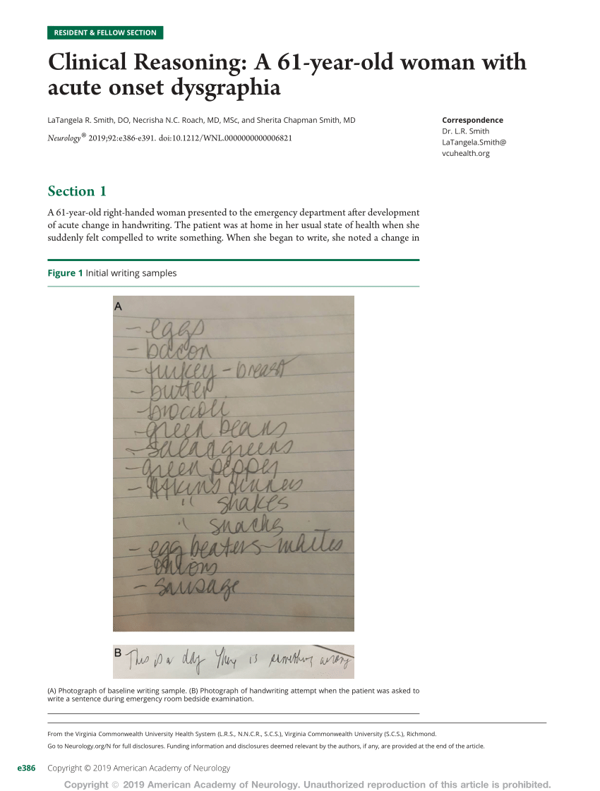 Pdf Clinical Reasoning A 61 Year Old Woman With Acute Onset Dysgraphia