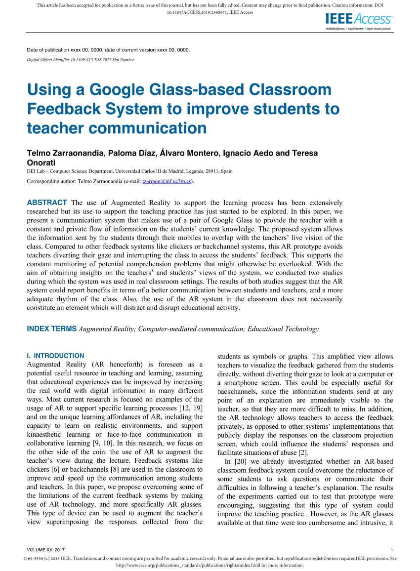 PDF) Using a Glass-Based Classroom System Improve Students to Teacher Communication