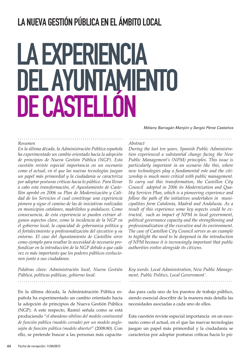 PDF) La Nueva Gestión Pública en el ámbito local: La experiencia del  Ayuntamiento de Castellón