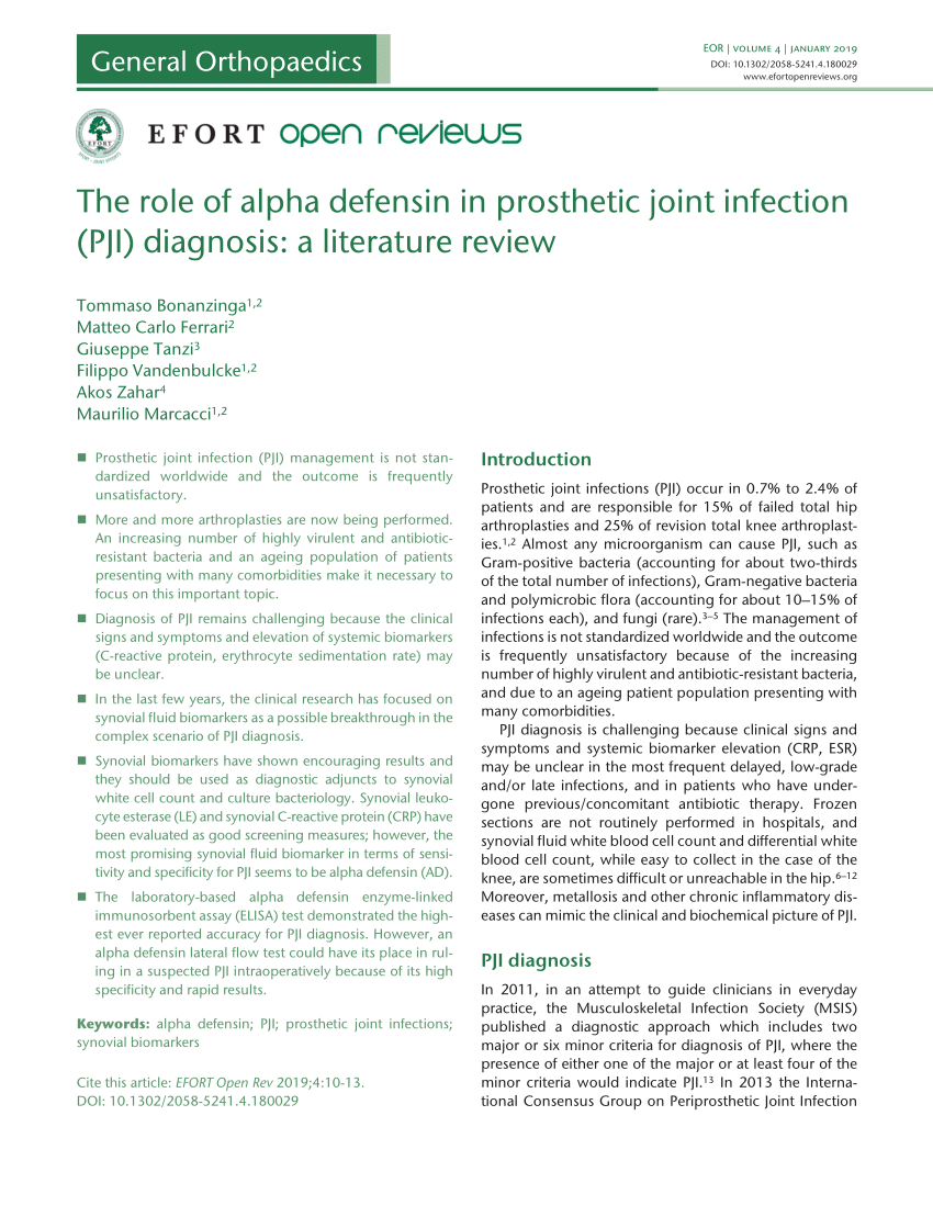 Pdf The Role Of Alpha Defensin In Prosthetic Joint Infection Pji Diagnosis A Literature Review 7221