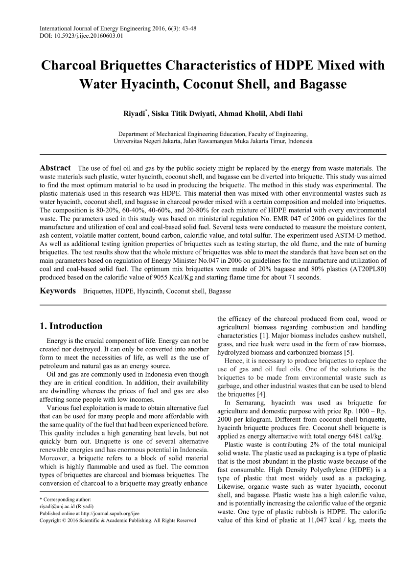 water hyacinth as charcoal briquettes research paper