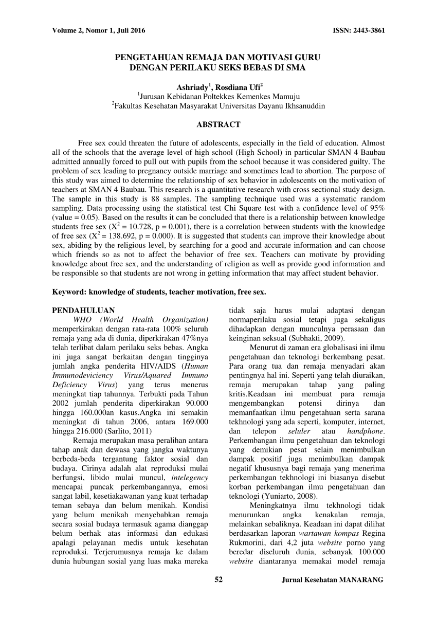 PDF) PENGETAHUAN REMAJA DAN MOTIVASI GURU DENGAN PERILAKU SEKS BEBAS DI SMA
