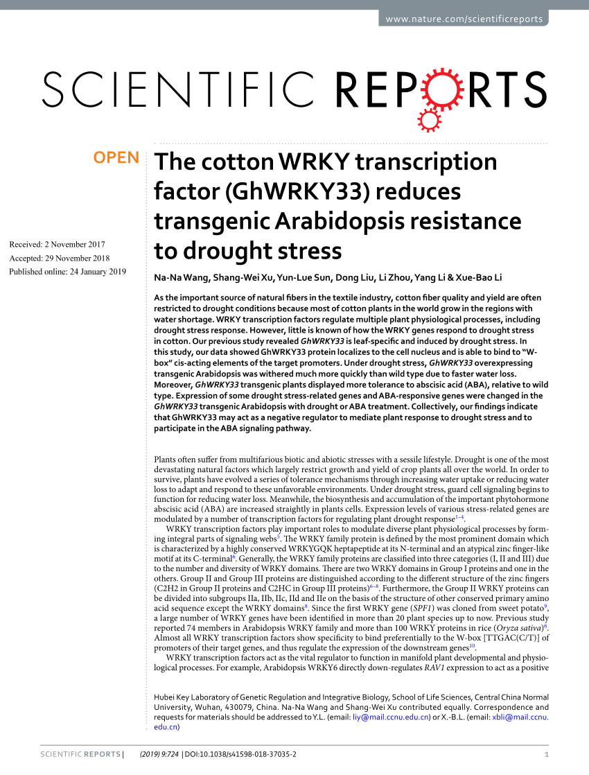 Pdf The Cotton Wrky Transcription Factor Ghwrky33 Reduces Transgenic Arabidopsis Resistance To Drought Stress