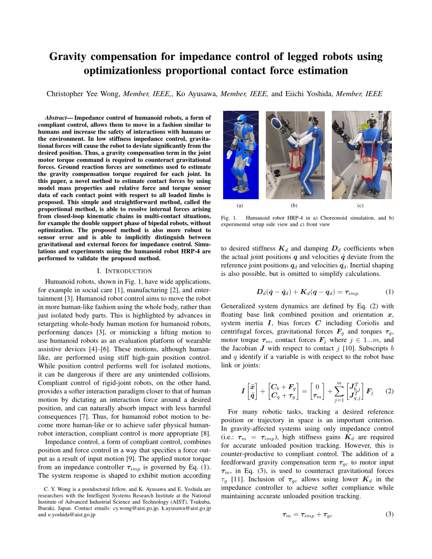 Pdf Gravity Compensation For Impedance Control Of Legged Robots Using Optimizationless Proportional Contact Force Estimation