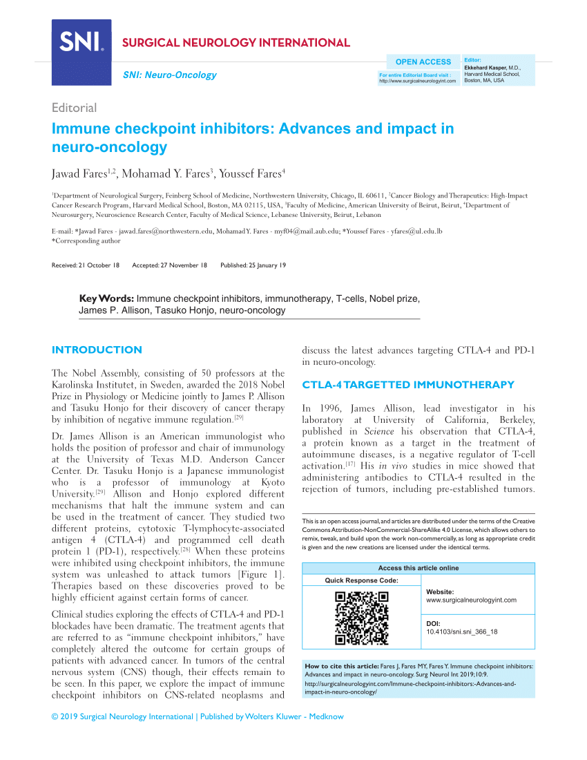 Pdf Immune Checkpoint Inhibitors Advances And Impact In Neuro Oncology