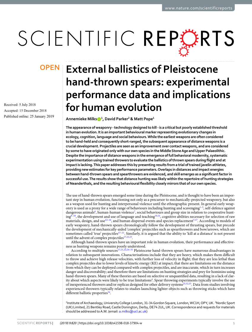 PDF) External ballistics of Pleistocene hand-thrown spears experimental performance data and implications for human evolution