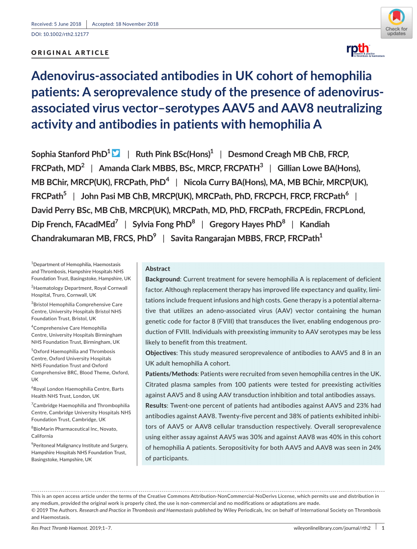 (PDF) Adenovirus‐associated antibodies in UK cohort of hemophilia