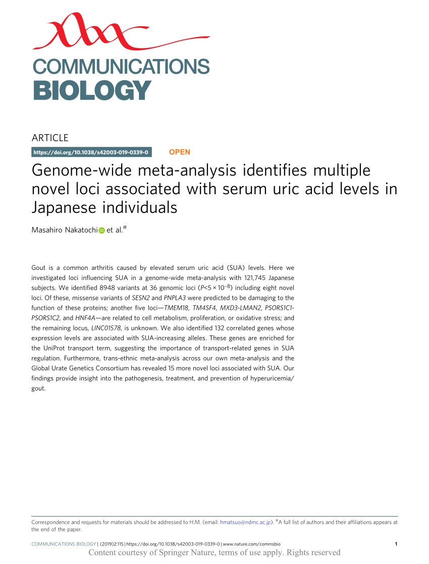 Pdf Genome Wide Meta Analysis Identifies Multiple Novel Loci Associated With Serum Uric Acid Levels In Japanese Individuals