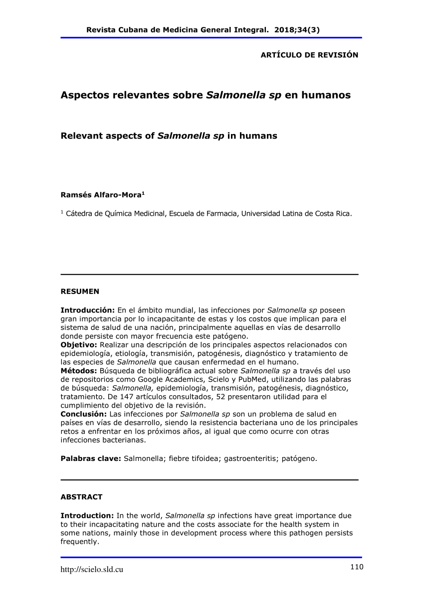 Pdf Aspectos Relevantes Sobre Salmonella Sp En Humanos