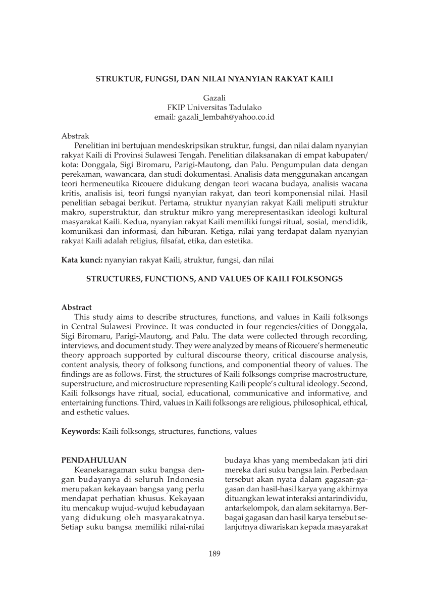Pdf Struktur Fungsi Dan Nilai Nyanyian Rakyat Kaili