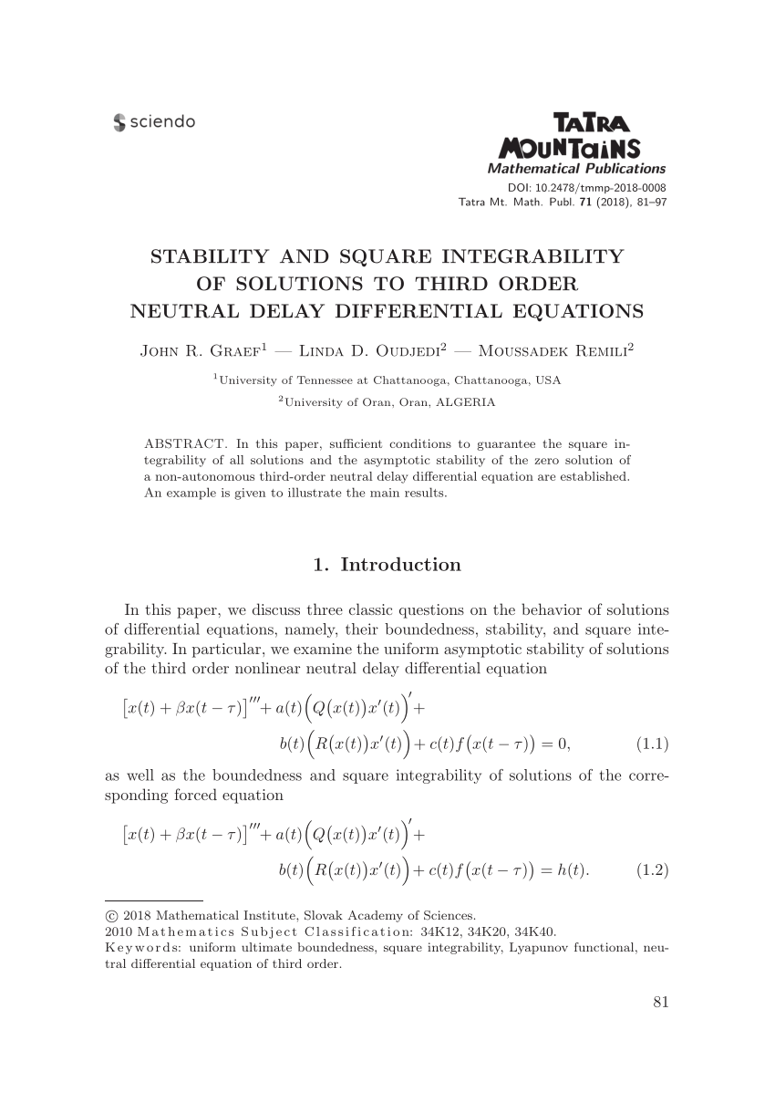 Pdf Stability And Square Integrability Of Solutions To Third Order Neutral Delay Differential Equations