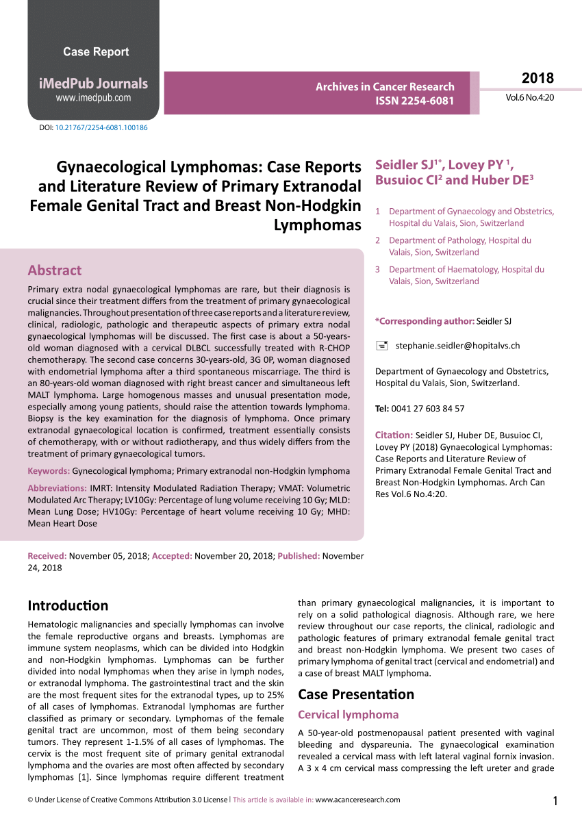 Pdf Gynaecological Lymphomas Case Reports And Literature Review Of Primary Extranodal Female 