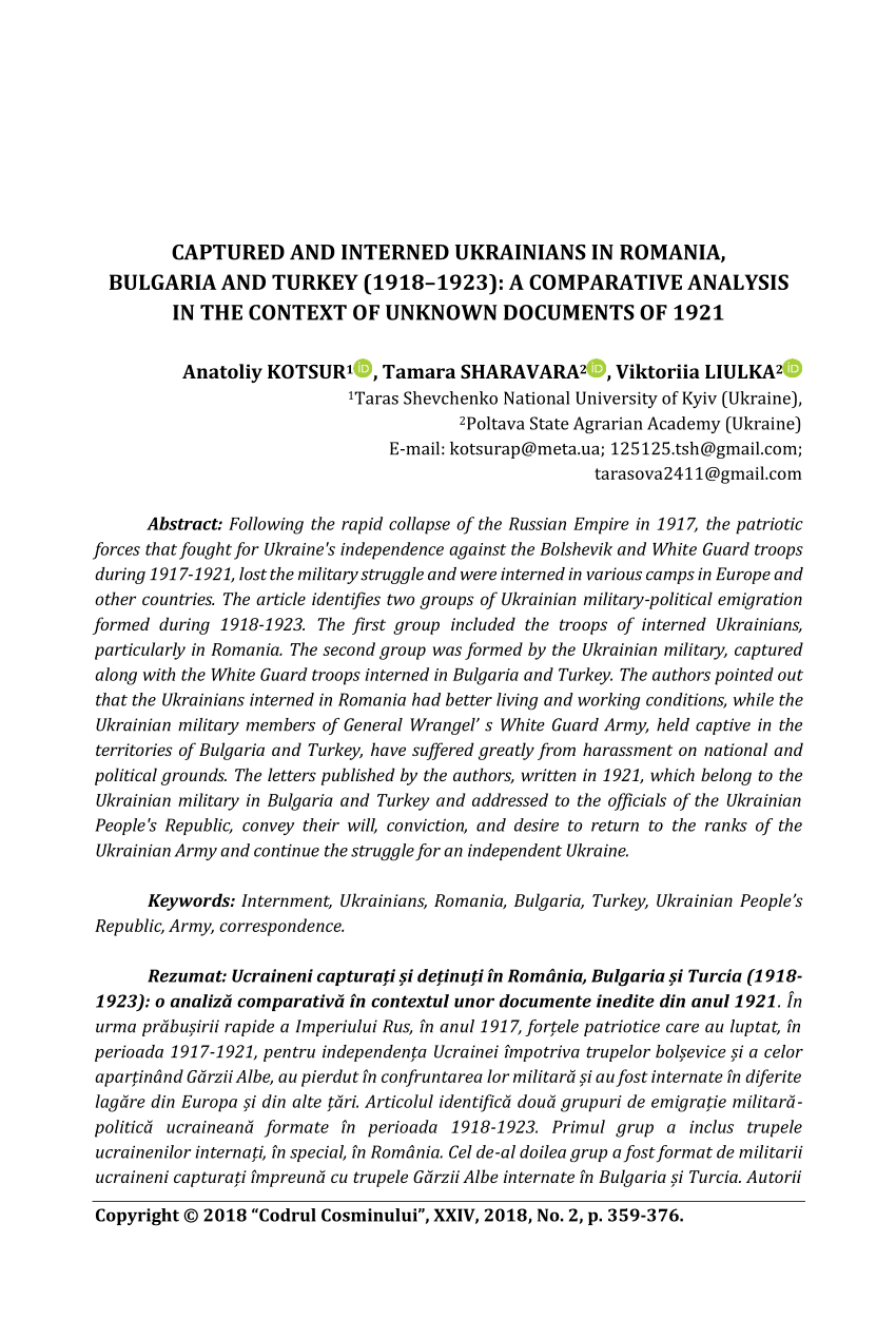 (PDF) Captured and Interned Ukrainians in Romania, Bulgaria and Turkey (1918–1923): A 