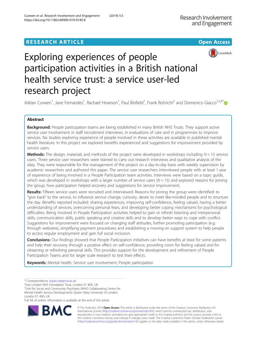 PDF) Exploring experiences of people participation activities a national health a service user-led research project