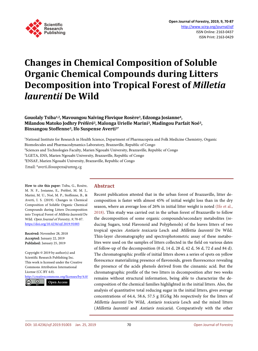 Pdf Changes In Chemical Composition Of Soluble Organic Chemical Compounds During Litters Decomposition Into Tropical Forest Of Milletia Laurentii De Wild Millettia Laurentii De Wild Antiaris Toxicaria Lesch And The Mixed Litters
