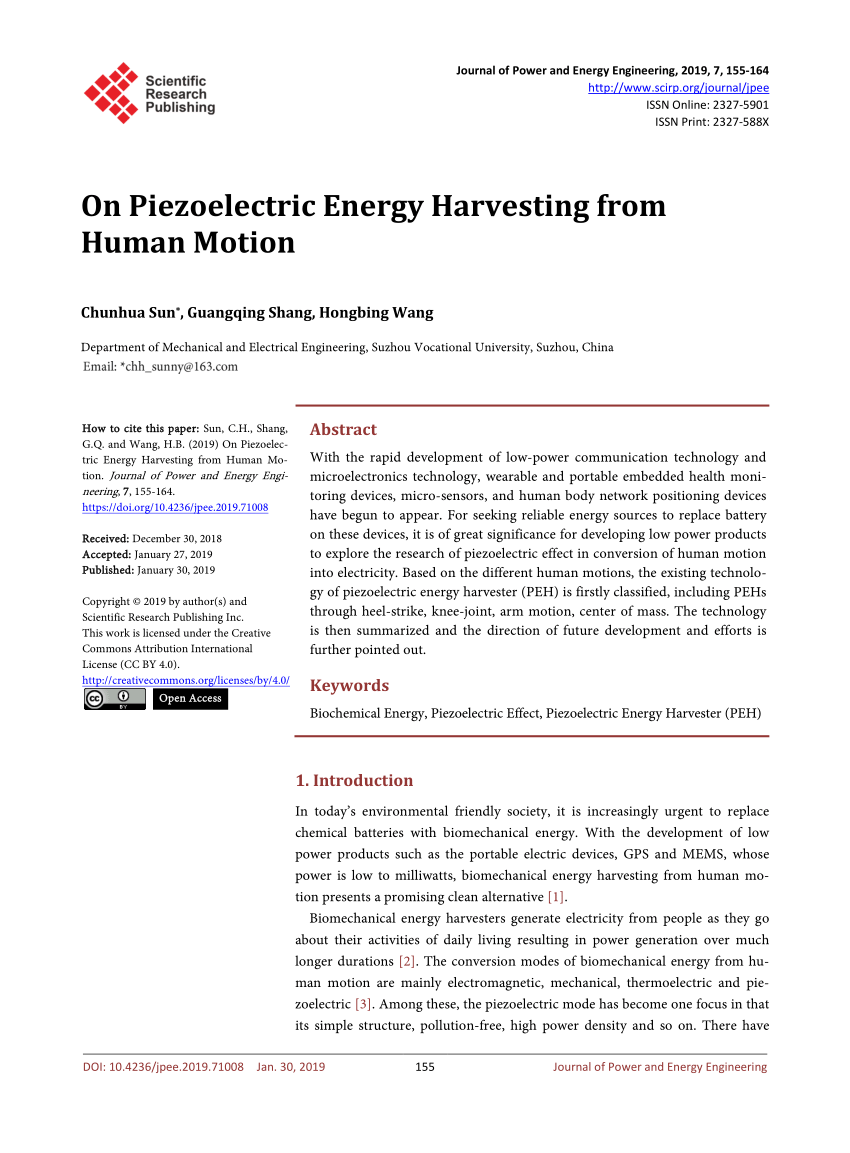 Pdf On Piezoelectric Energy Harvesting From Human Motion