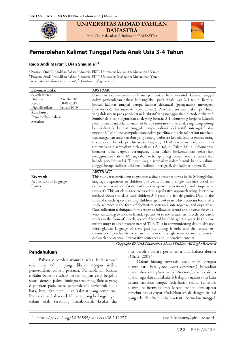 Pdf Pemerolehan Bahasa Minangkabau Pada Anak Usia 3 4 Tahun