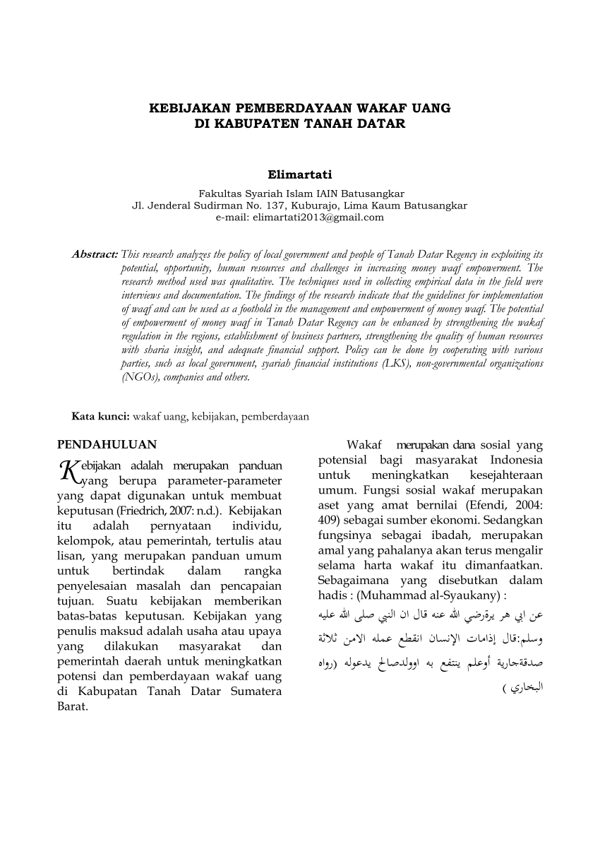Pdf Kebijakan Pemberdayaan Wakaf Uang Di Kabupaten Tanah Datar