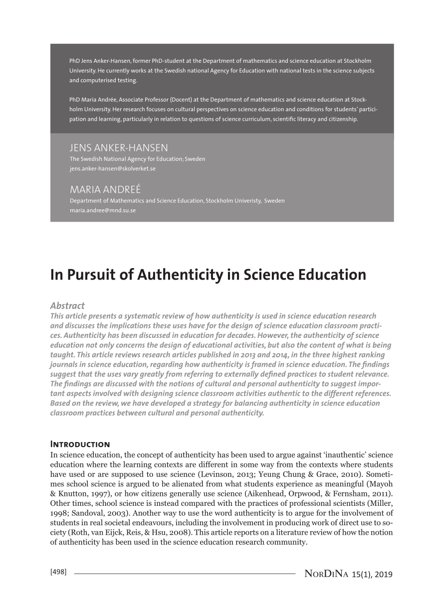 storm Op valg PDF) In Pursuit of Authenticity in Science Education