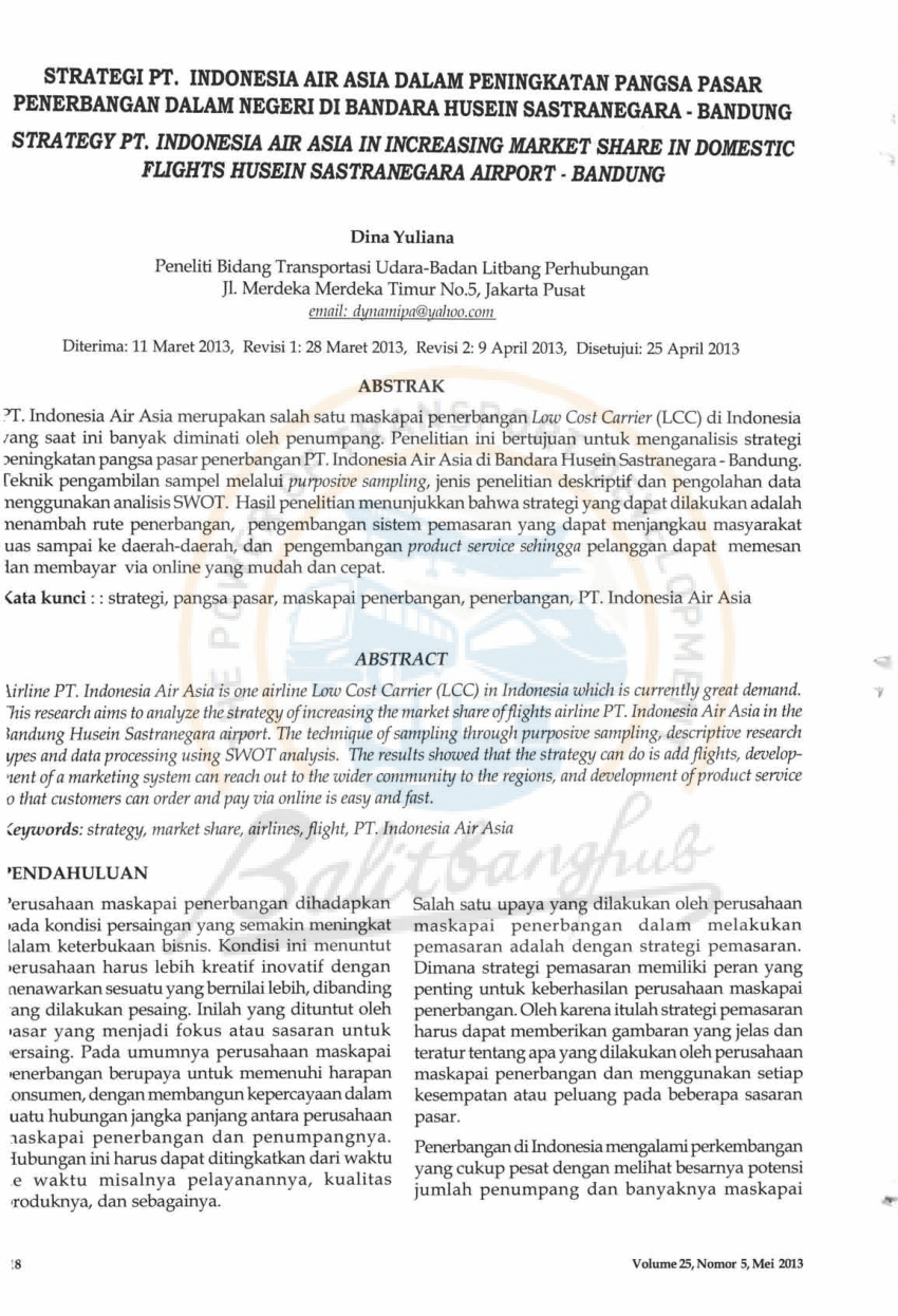 Pdf Strategi Pt Indonesia Air Asia Dalam Peningkatan Pangsa Pasar Penerbangan Dalam Negeri Di Bandara Husein Sastranegara Bandung