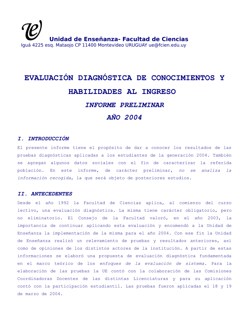 PDF) EVALUACIÓN DIAGNÓSTICA DE CONOCIMIENTOS Y HABILIDADES AL INGRESO.  INFORME PRELIMINAR AÑO 2004.
