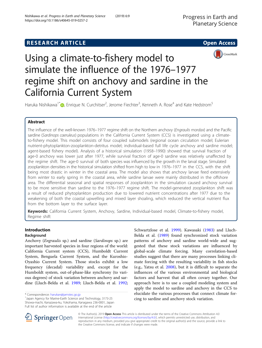 PDF) Using a climate-to-fishery model to simulate the influence of the  1976–1977 regime shift on anchovy and sardine in the California Current  System