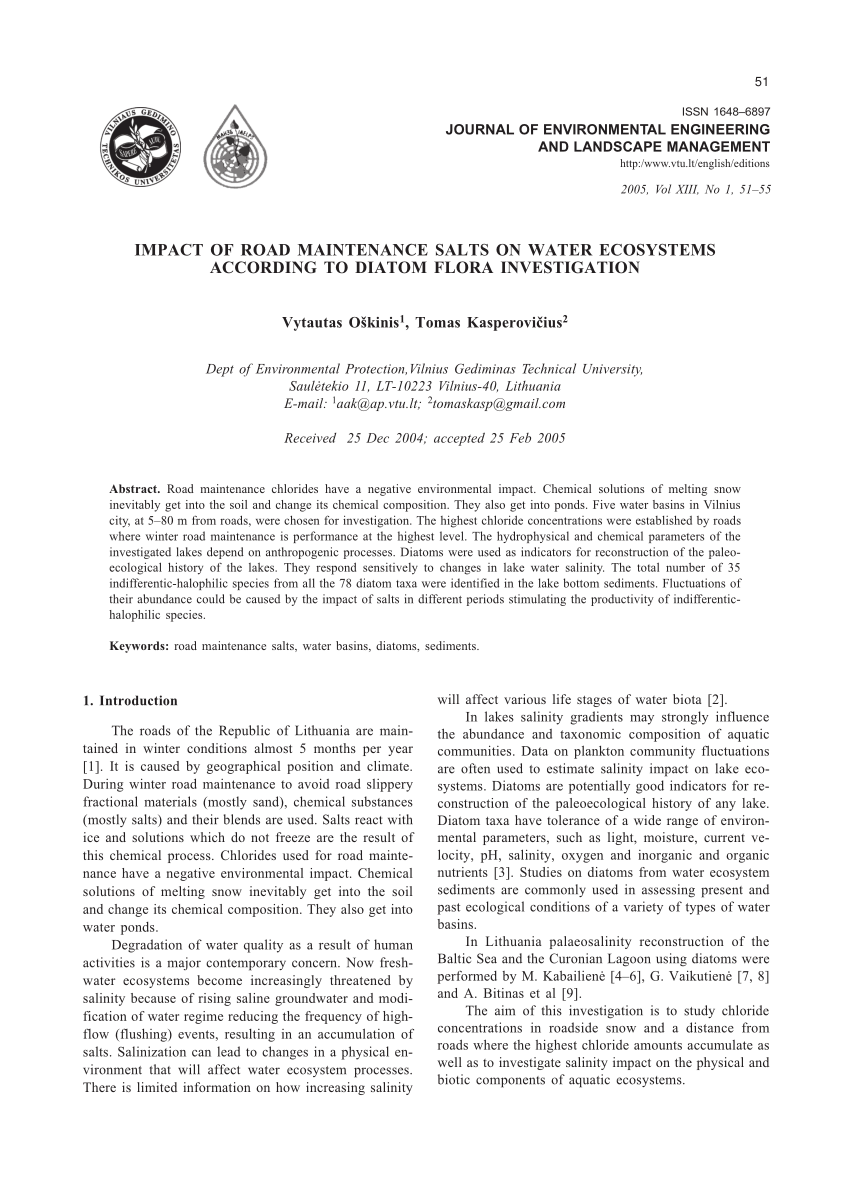 Pdf Impact Of Road Maintenance Salts On Water Ecosystems According To Diatom Flora Investigation