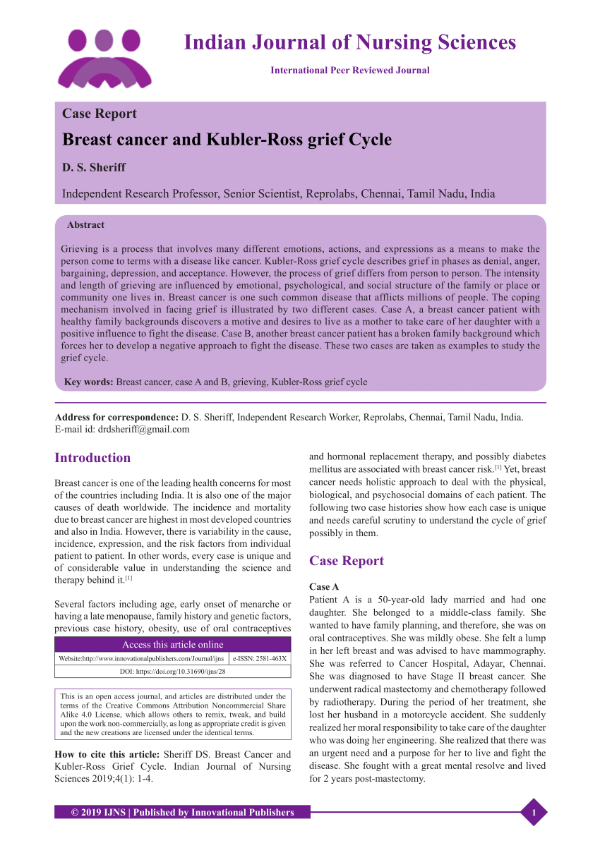 Pdf Breast Cancer And Kubler Ross Grief Cycle