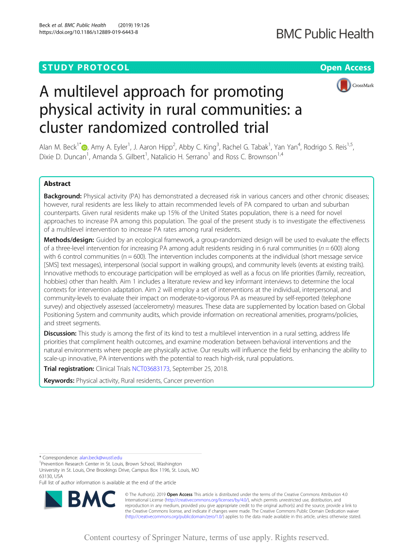 Pdf A Multilevel Approach For Promoting Physical Activity In Rural Communities A Cluster Randomized Controlled Trial