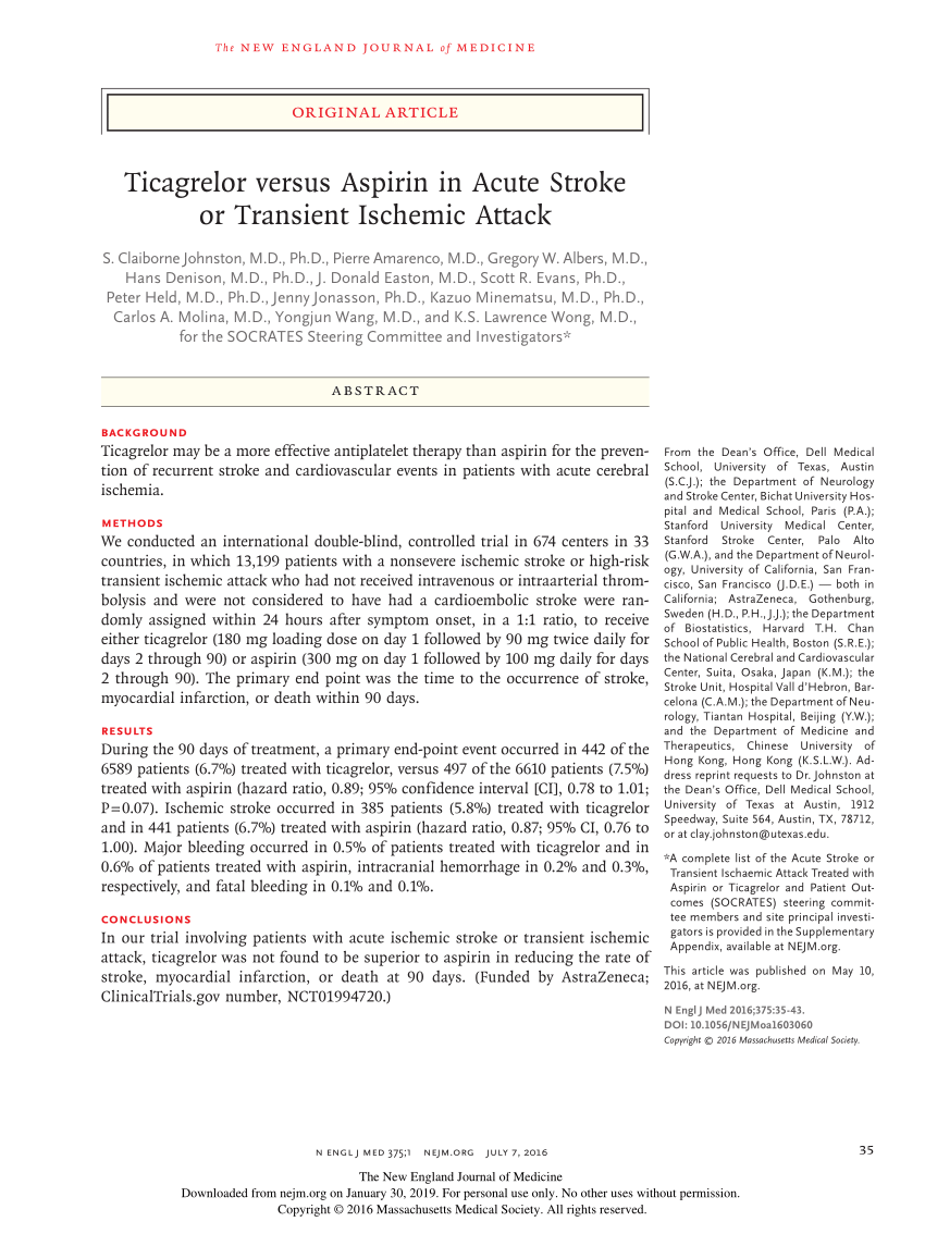 (PDF) Ticagrelor versus Aspirin in Acute Stroke or