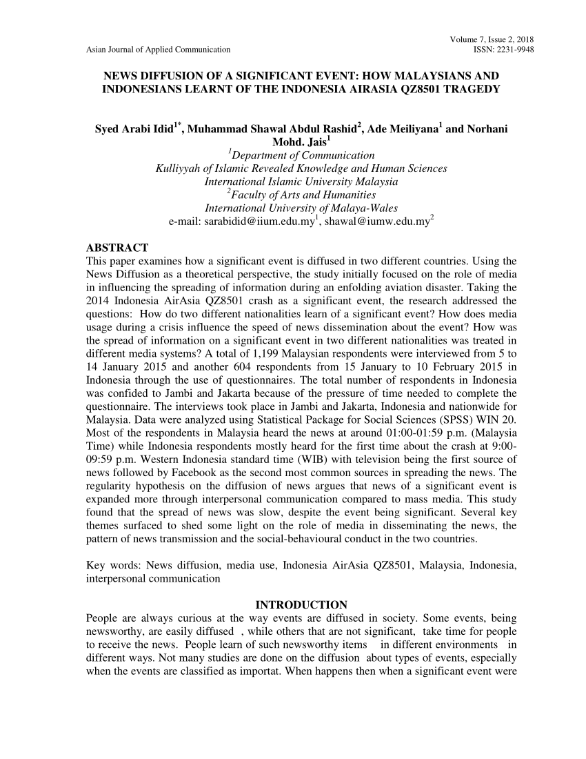 Pdf News Diffusion Of A Significant Event How Malaysians And Indonesians Learnt Of The Indonesia Airasia Qz8501 Tragedy