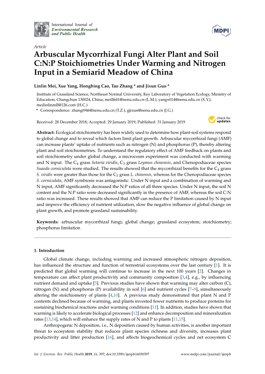 Pdf Arbuscular Mycorrhizal Fungi Alter Plant And Soil C N P Stoichiometries Under Warming And Nitrogen Input In A Semiarid Meadow Of China