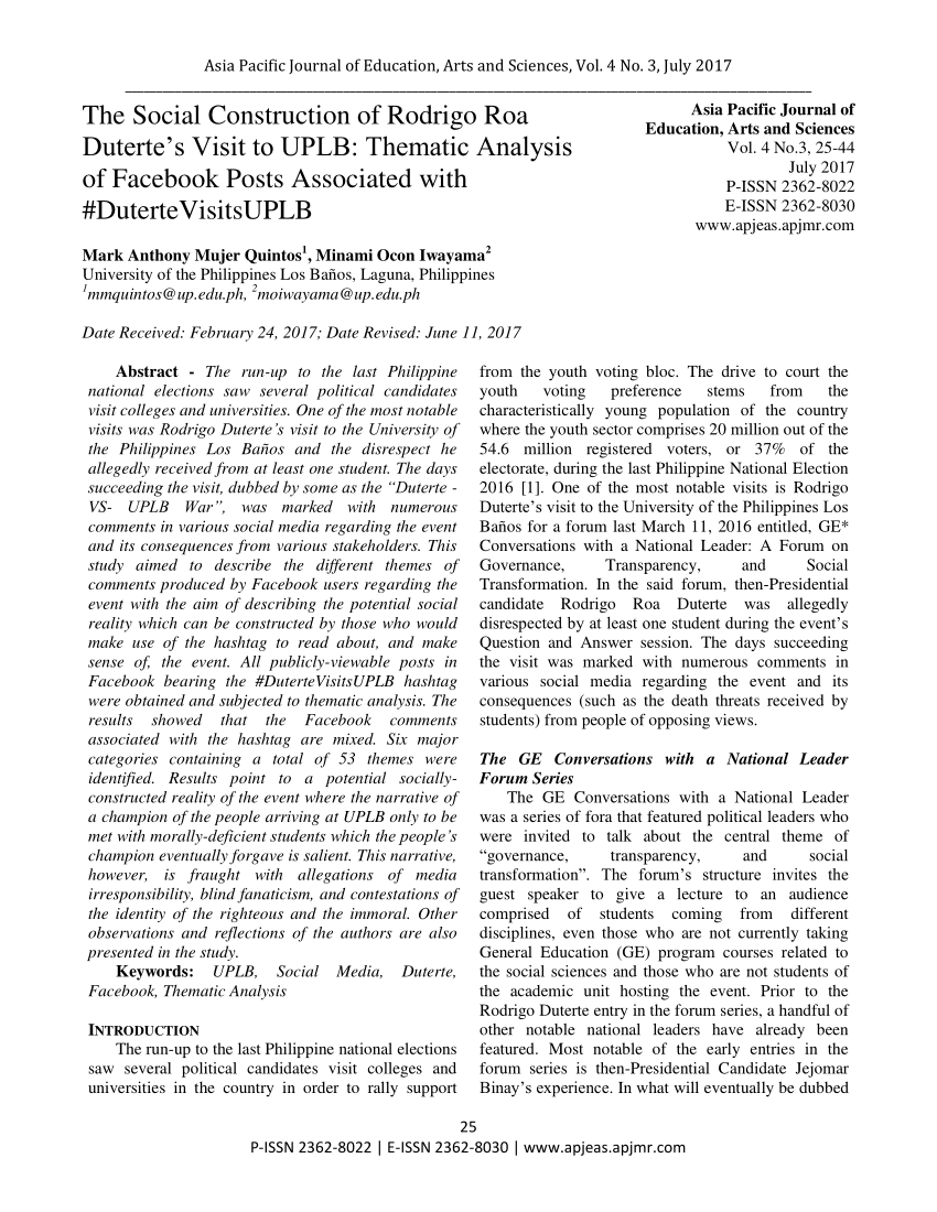 pdf the social construction of rodrigo roa duterte s visit to uplb thematic analysis of facebook posts associated with dutertevisitsuplb the social construction of rodrigo roa