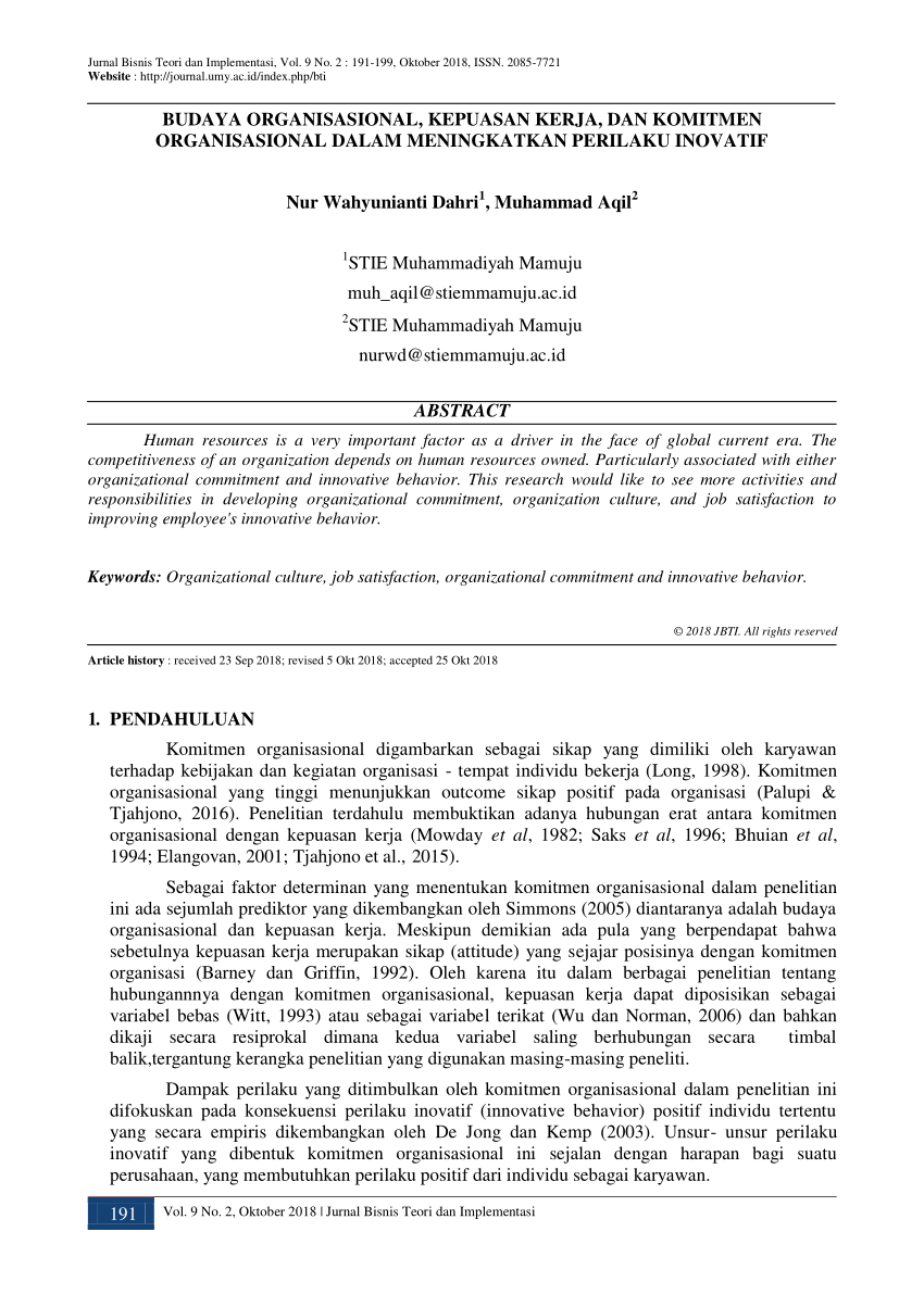 Pdf Budaya Organisasional Kepuasan Kerja Dan Komitmen Organisasional Dalam Meningkatkan Perilaku Inovatif