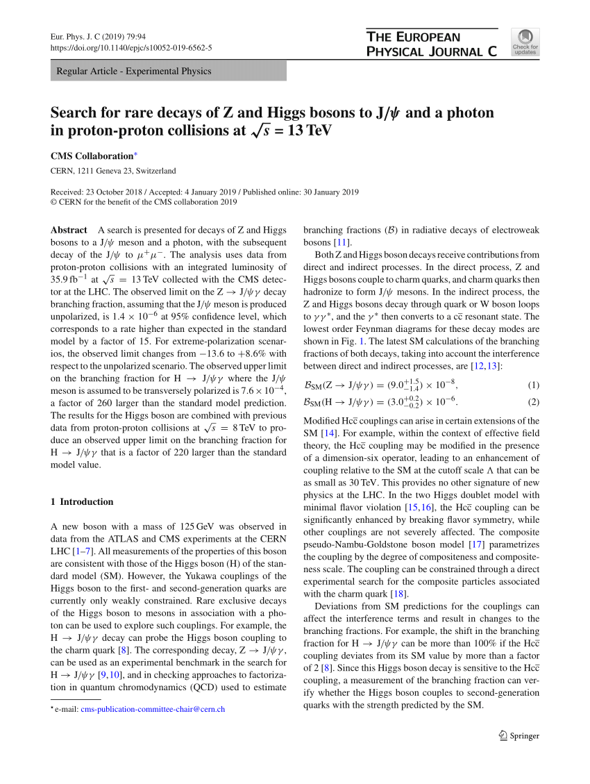 Pdf Search For Rare Decays Of Mathrm Z Z And Higgs Bosons To Mathrm J Psi J Ps And A Photon In Proton Proton Collisions At Sqrt S S 13 Text