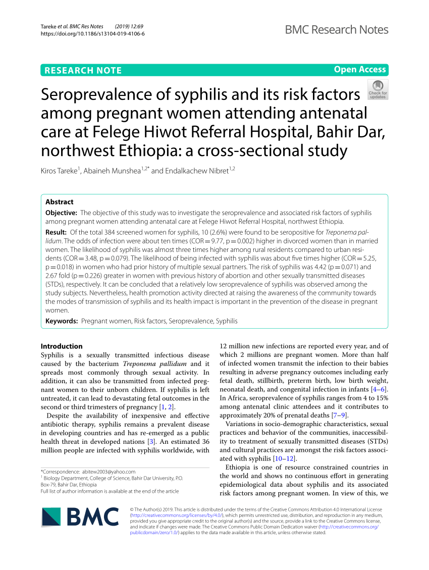 Pdf Seroprevalence Of Syphilis And Its Risk Factors Among Pregnant Women Attending Antenatal